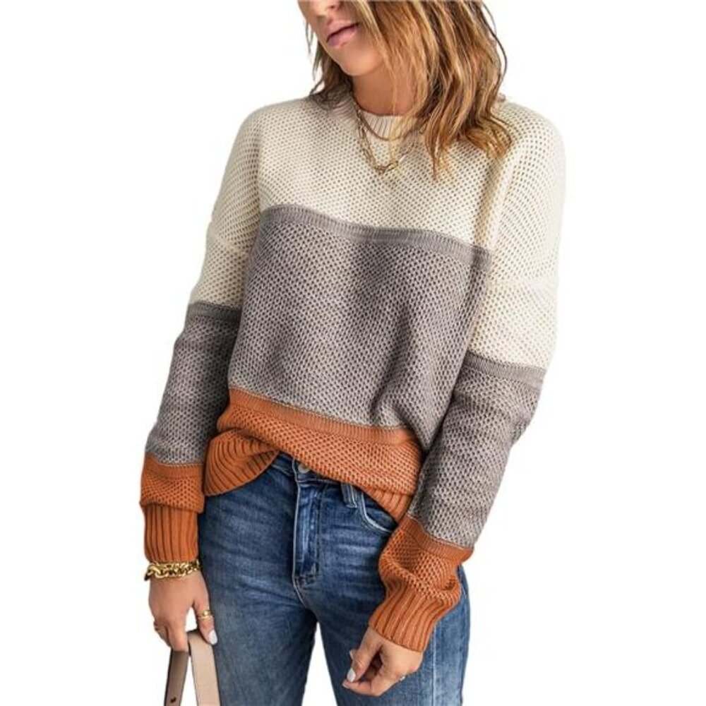 Women's Color‎ Block Sweaters Long Sleeve Crewneck Pullover Knitted Jumper Tops
